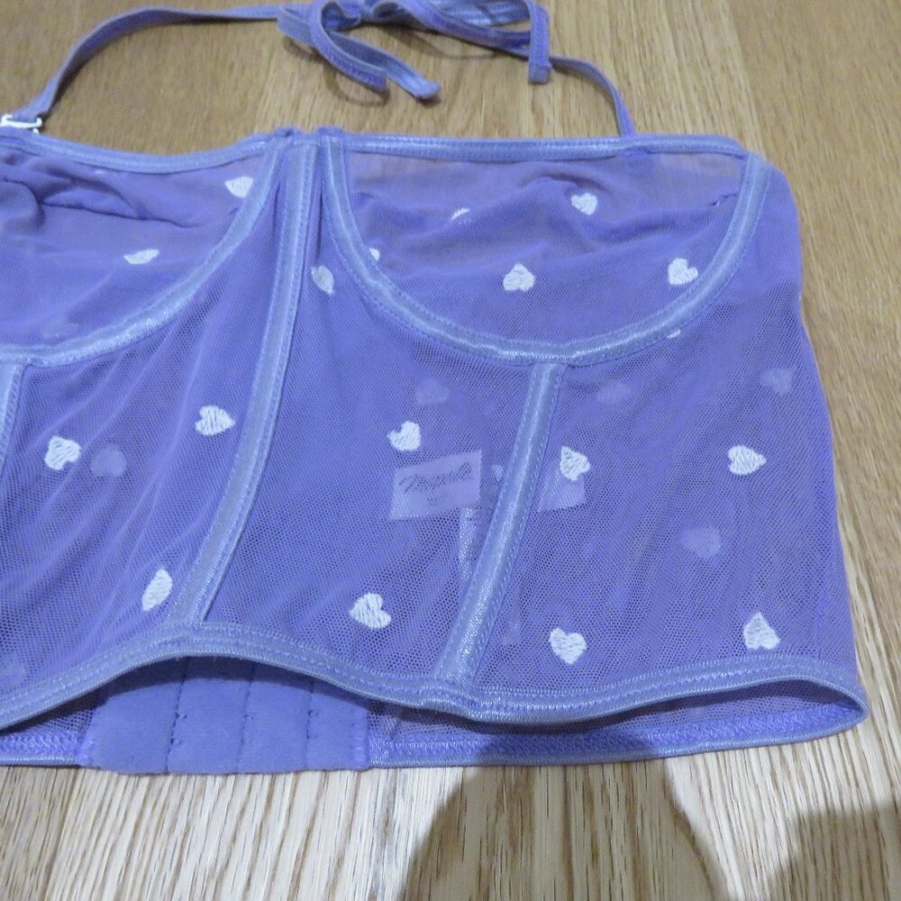 MAPALE Lilac Heart Embroidered Mesh Longline Bustier Bra Romantic - Size S - Picture 3 of 12